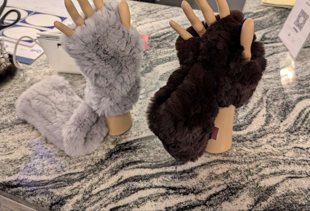 Cozy Fingerless Real '  Fur Mittens - Gray and Brown